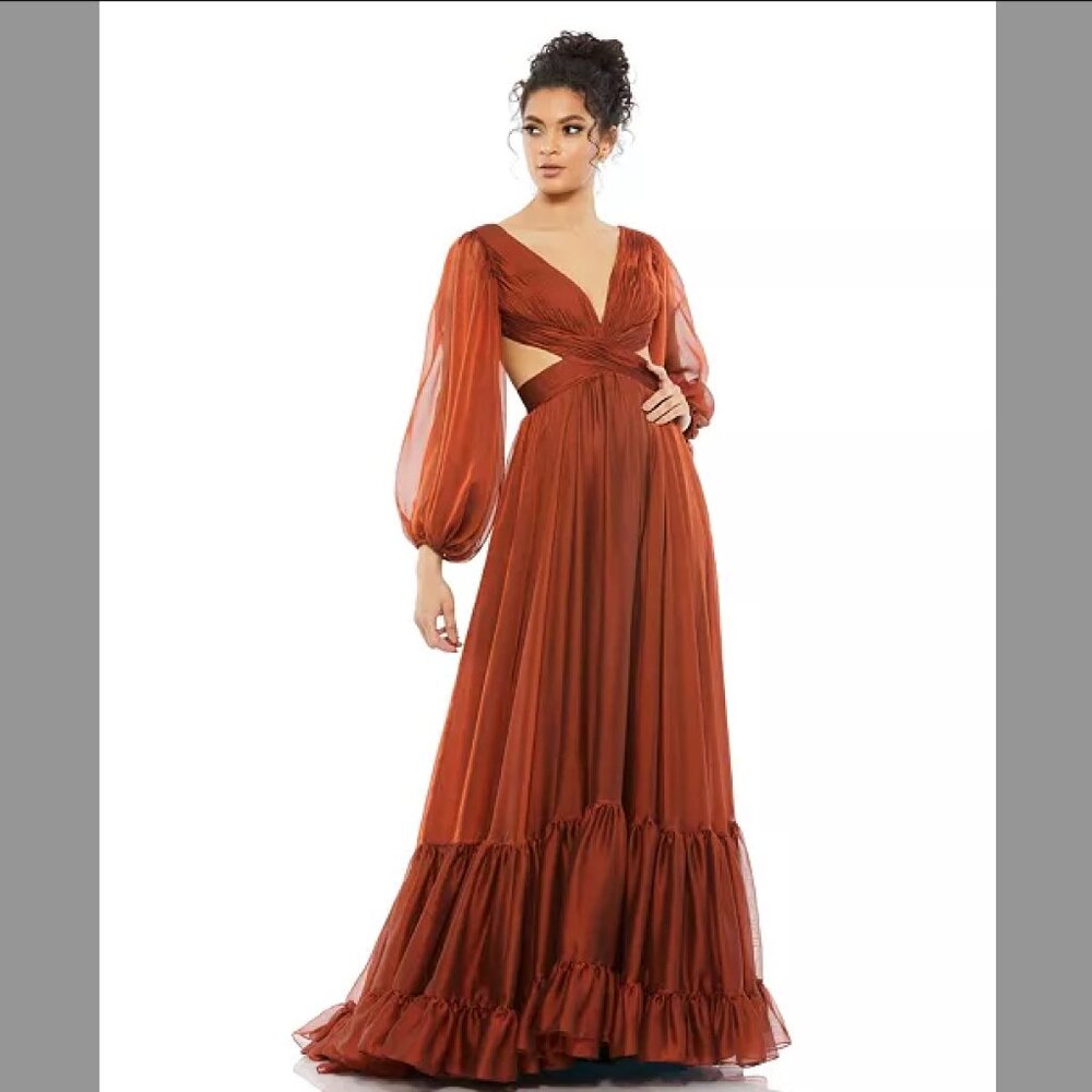 Mac Duggal Pleated Cut Out Long Sleeve Lace Up Tiered Gown